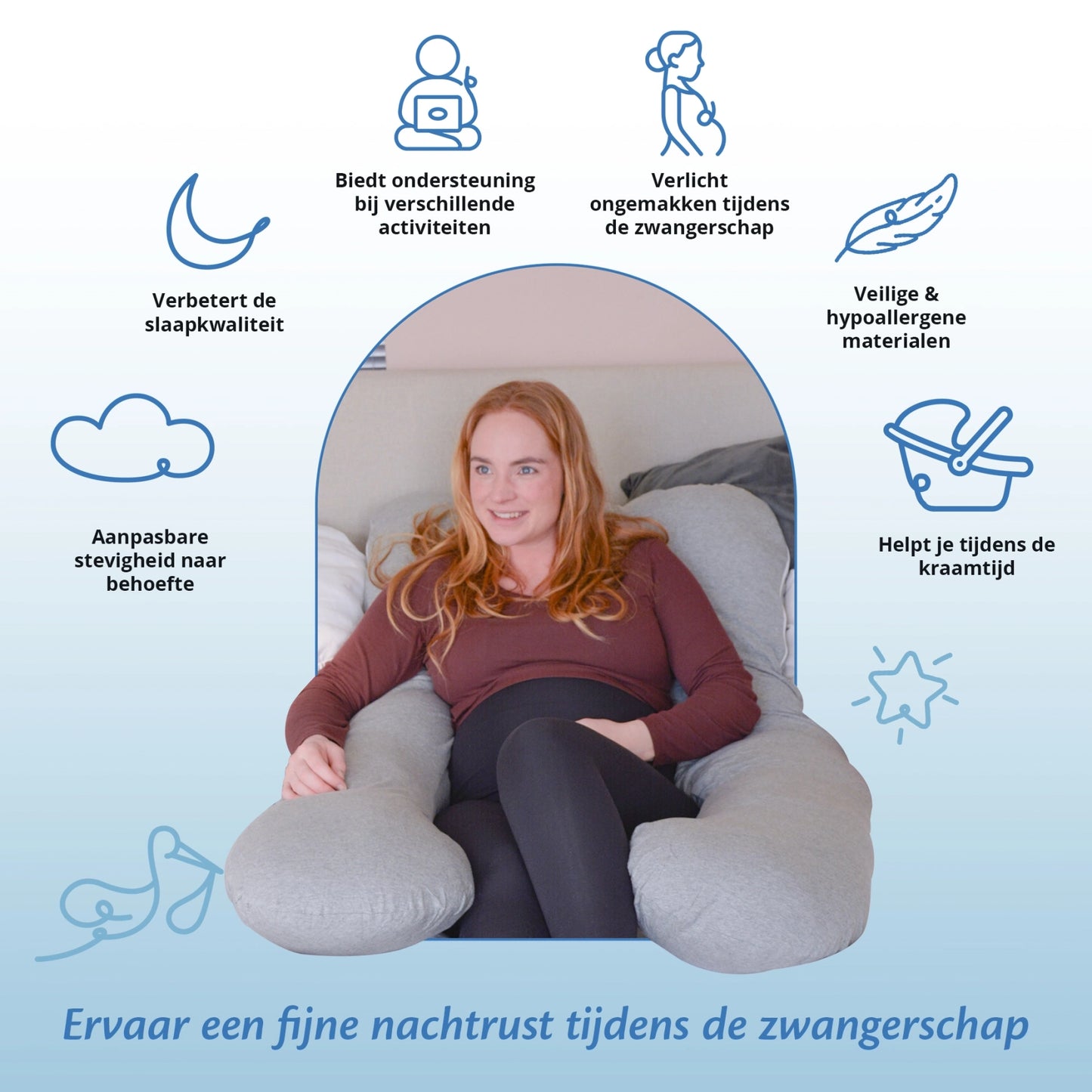 Een vrouw omringd door zwangerschapskussens van Ella Sleeps voor comfort.
