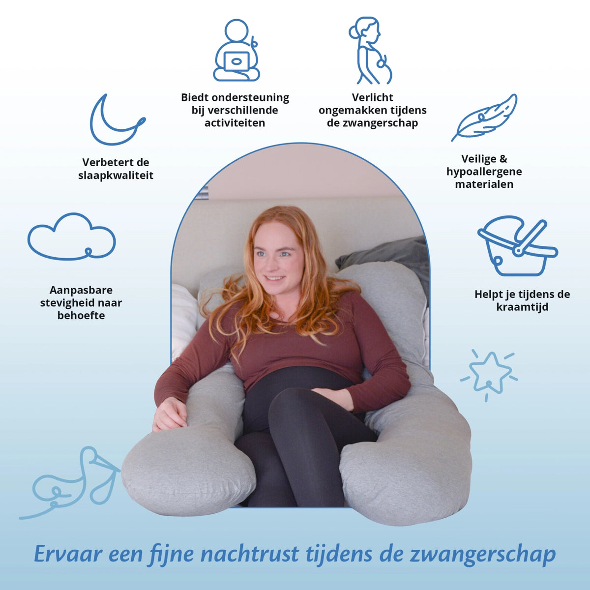 Een vrouw omringd door zwangerschapskussens van Ella Sleeps voor comfort.