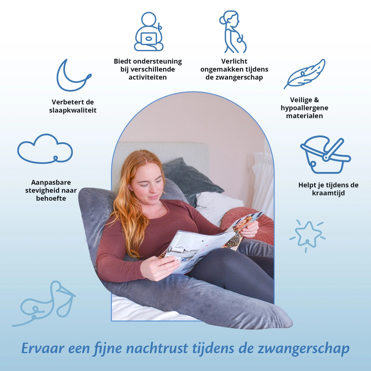 Een vrouw zit te genieten van een moment van rust en comfort met een zwangerschapskussen.