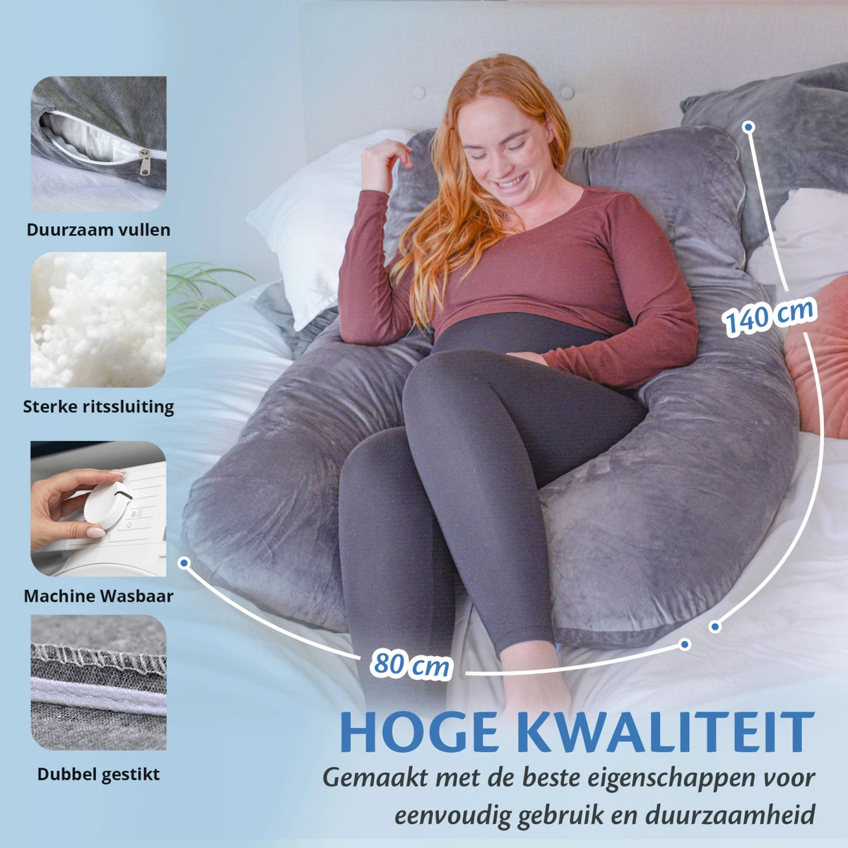Een vrouw ligt op een bed met een kussen en een zwangerschapskussen van Ella Sleeps, hoogwaardig en duurzaam.