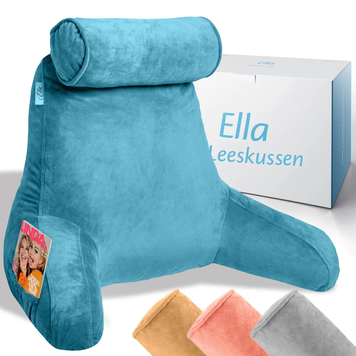 Coussin de lecture bleu, parfait pour une expérience de lecture confortable, avec un aspect contemporain.