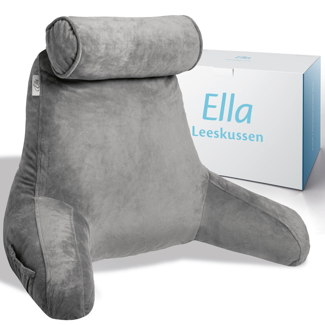 Donkergrijs leeskussen met een comfortabele vorm, ideaal voor ontspannen lezen of studeren.