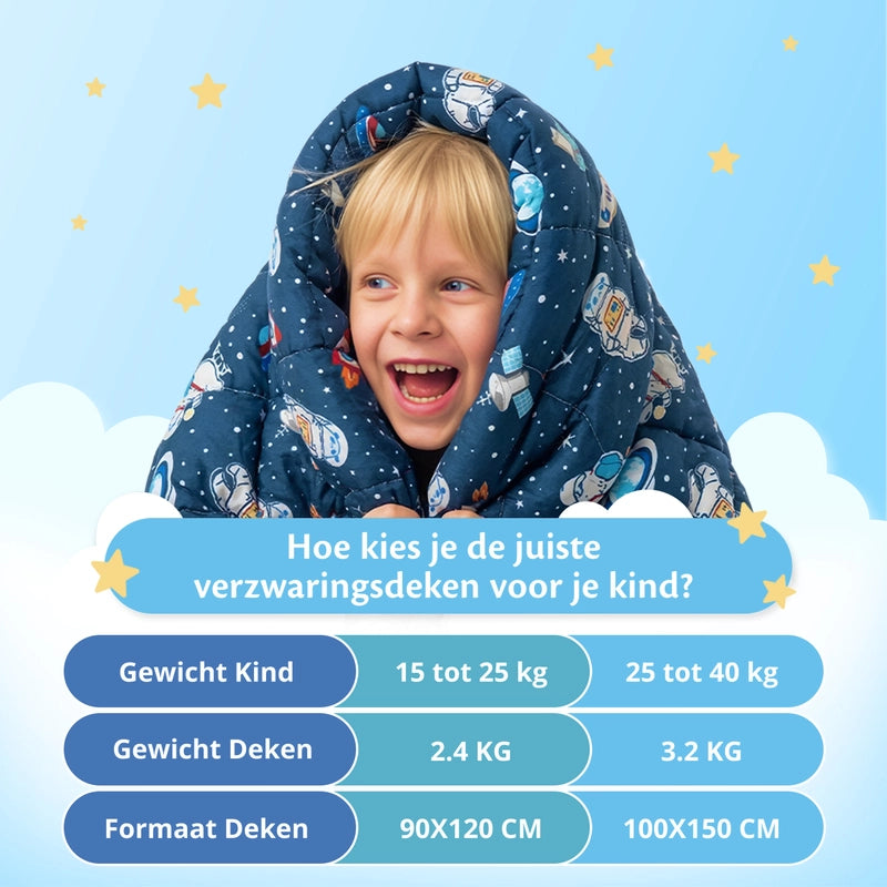 Kind onder Ella space verzwaringsdeken met maattabel en gewichtsadvies voor kinderen