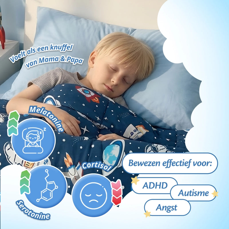Slapend kind onder Ella space verzwaringsdeken met uitleg over diepe drukstimulatie en ontspanning