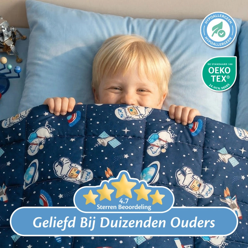 Kind onder Ella space verzwaringsdeken met hoge klantbeoordeling en OEKO-TEX certificering