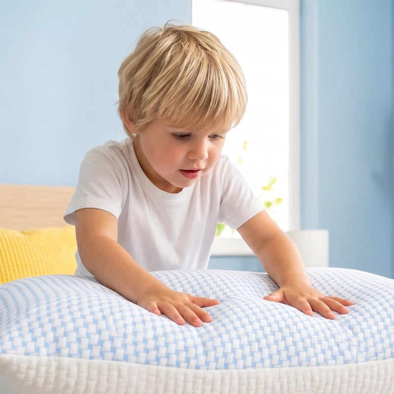 Kind drukt met de handen op een wit Ella kinderhoofdkussen.
