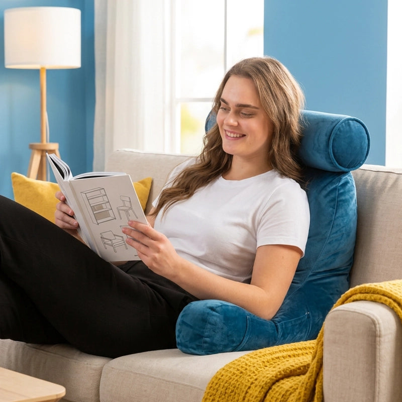 Vrouw leest een boek geleund tegen het grijze Ella kussen.
