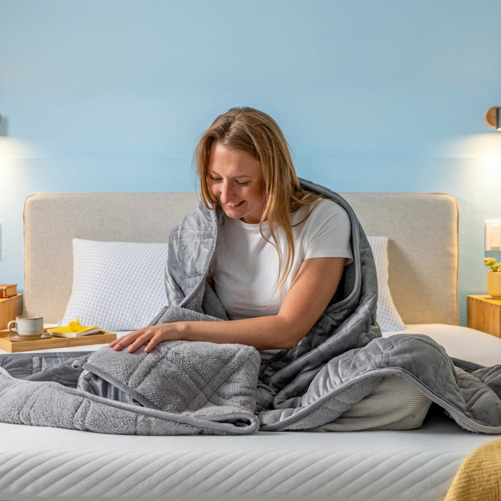 Vrouw zit op bed met een grijze verzwaringsdeken over haar benen.
