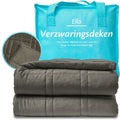 Grijze Ella verzwaringsdeken opgerold naast een turquoise opbergtas.