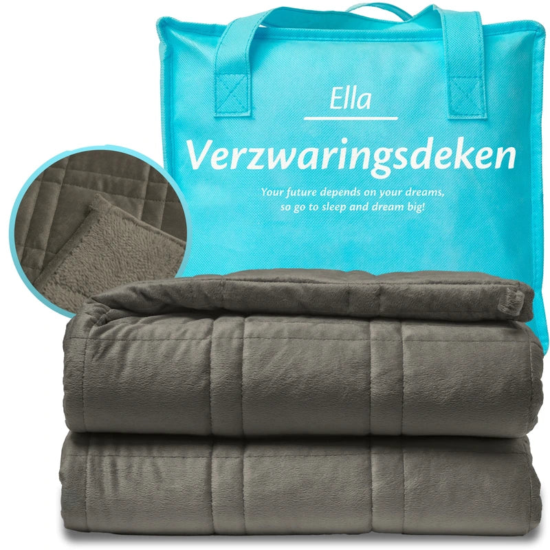 Grijze Ella verzwaringsdeken opgerold naast een turquoise opbergtas.