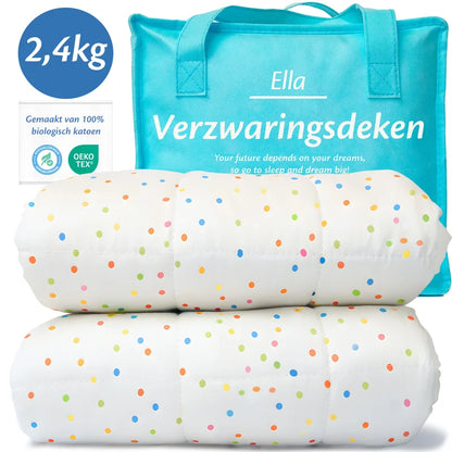 Ella verzwaringsdeken 2,4 kg in polka-dots design met draagtas, gemaakt van 100% biologisch katoen en OEKO-TEX gecertificeerd.