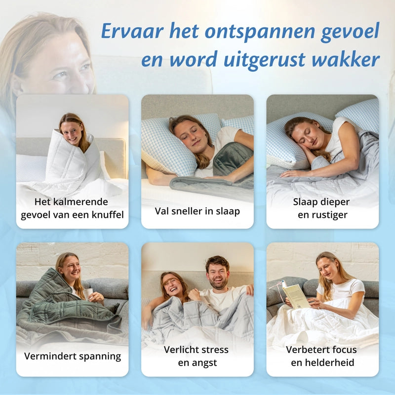 Infographic met voordelen van de Ella verzwaringsdeken: rust, sneller inslapen, minder spanning.
