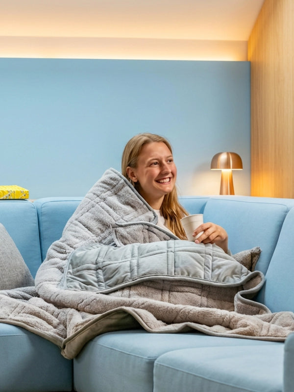 Vrouw zit gewikkeld in een grijze verzwaringsdeken op een blauwe bank.