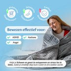 Vrouw gewikkeld in de Ella verzwaringsdeken; bewezen effectief bij ADHD, autisme en angst.