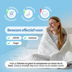 Vrouw gewikkeld in de Ella verzwaringsdeken; bewezen effectief bij ADHD, autisme en angst.