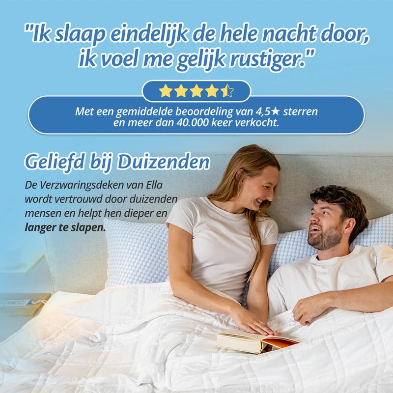 Klantreview van de Ella verzwaringsdeken met 4,5 sterren en een koppel samen in bed.