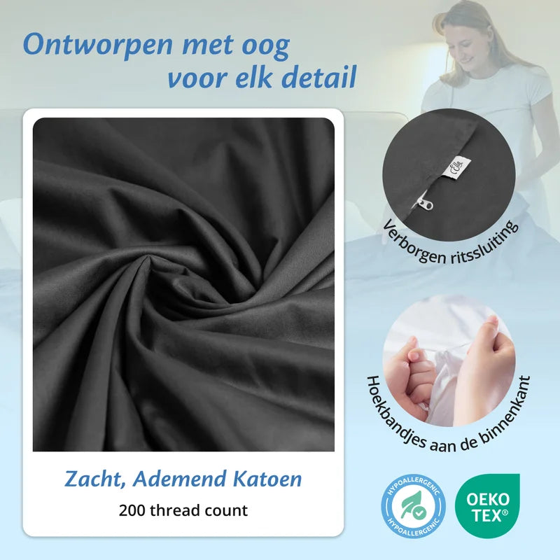 Detail van antracietgrijze Ella hoes met verborgen rits, hoekbandjes aan de binnenkant en zacht ademend katoen.