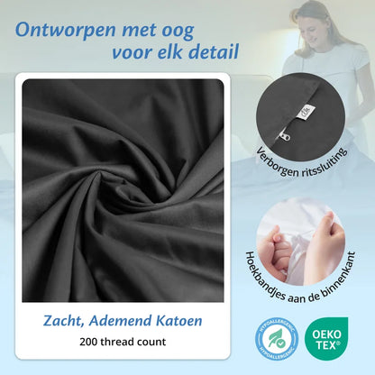 Detail van antracietgrijze Ella hoes met verborgen rits, hoekbandjes aan de binnenkant en zacht ademend katoen.