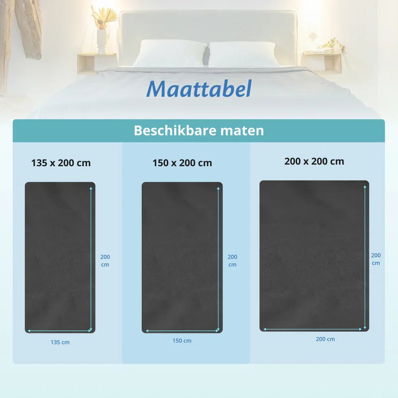 Maattabel van antracietgrijze Ella hoes voor verzwaringsdekens in drie maten, 135x200, 150x200 en 200x200.