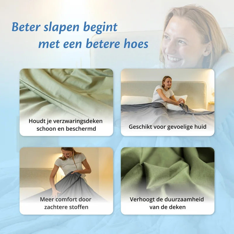 Vier voordelen van licht olijfgroene Ella hoes voor verzwaringsdekens, getoond in gebruik.