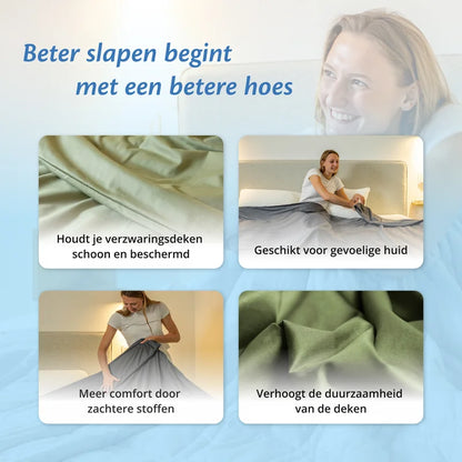 Vier voordelen van licht olijfgroene Ella hoes voor verzwaringsdekens, getoond in gebruik.