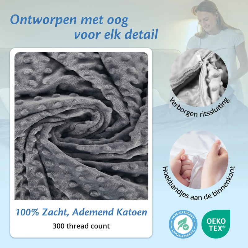 Detail van grijze Ella hoes met verborgen rits, hoekbandjes aan de binnenkant en ademend materiaal.