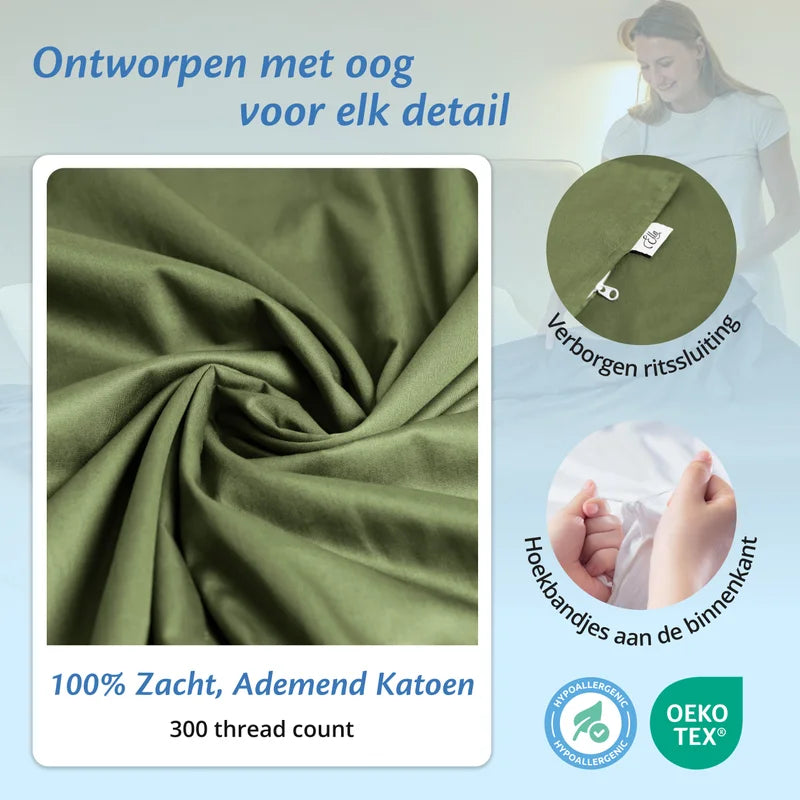 Detail van olijfgroene Ella hoes met verborgen rits, hoekbandjes aan de binnenkant en zacht ademend katoen.