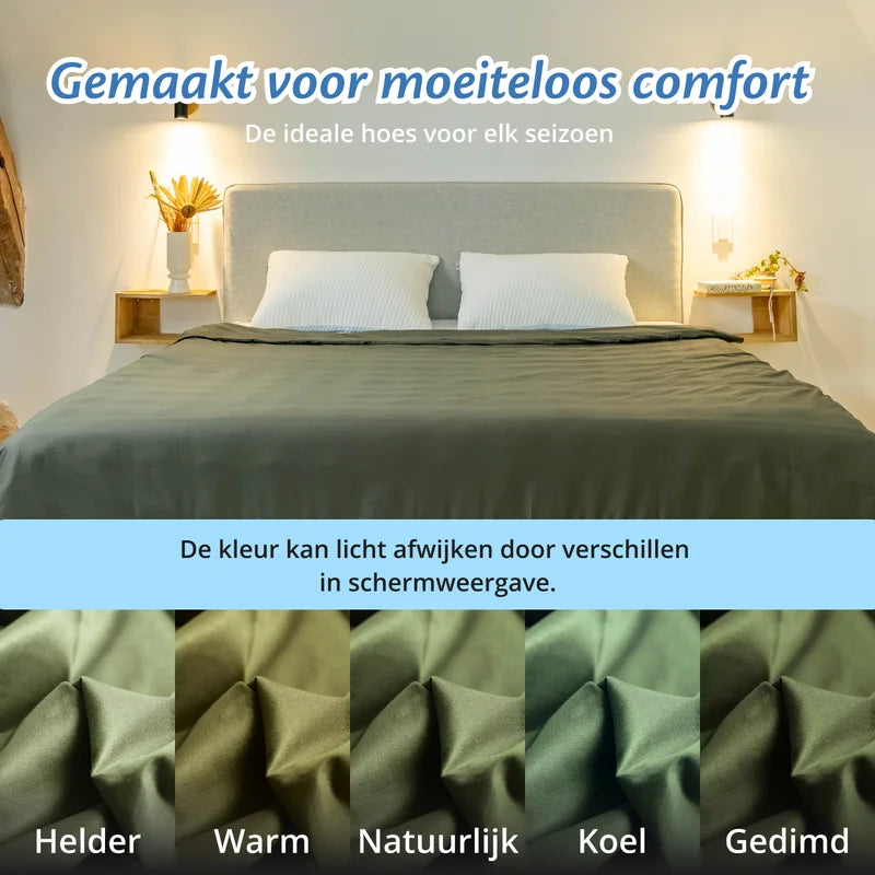 Slaapkamer met opgemaakt bed met olijfgroene Ella hoes, kleurvarianten onderaan.