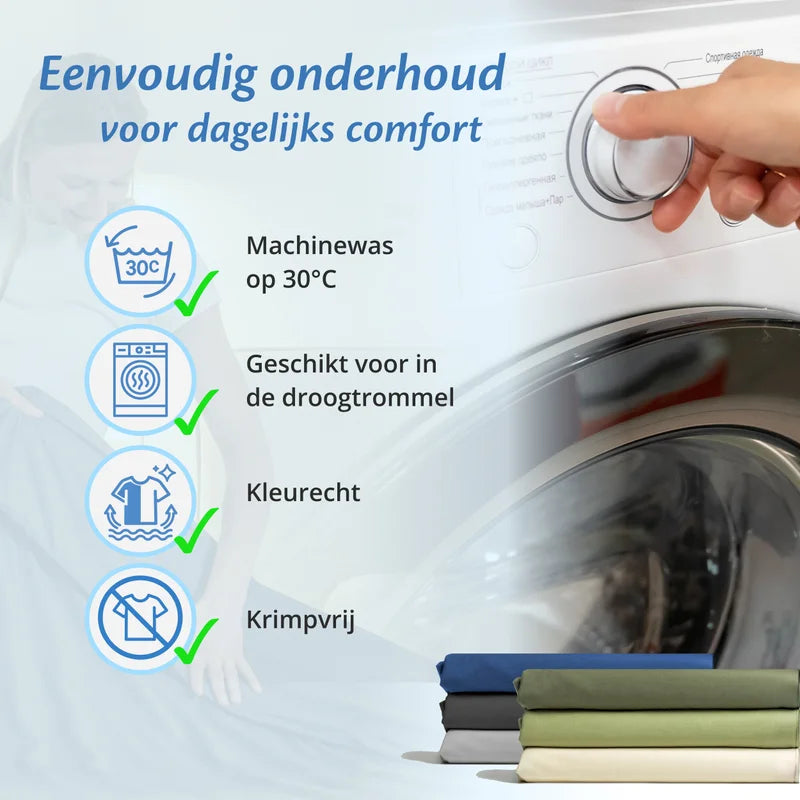 Wasinstructies voor Ella hoes voor verzwaringsdekens, met stapel van beschikbare kleuren.