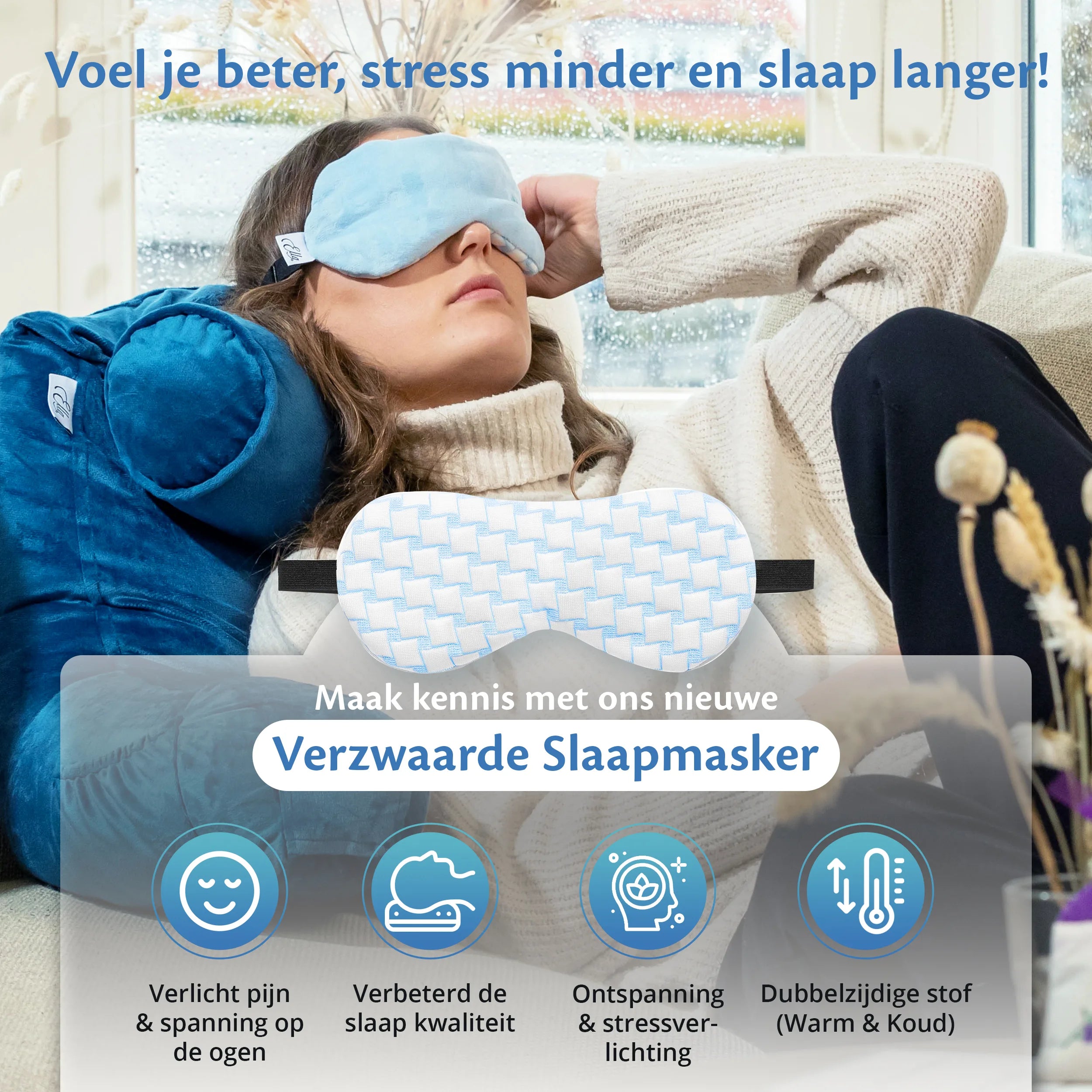 Une femme qui dort avec un masque de sommeil, parfait pour un meilleur sommeil nocturne et moins de stress.