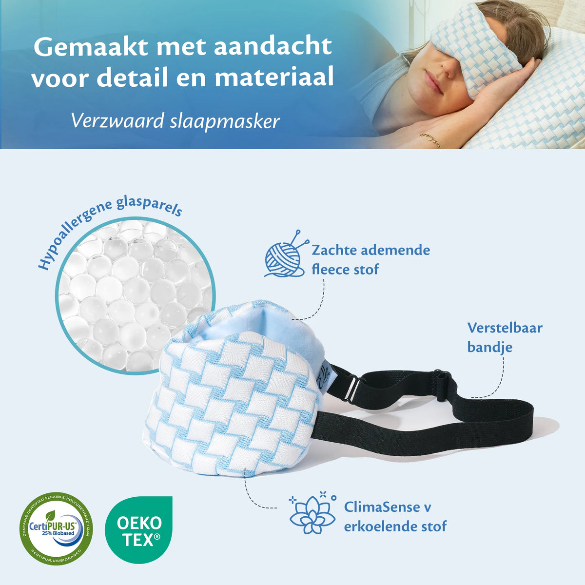 Femme dort avec un masque de sommeil, rempli de perles de verre hypoallergéniques pour un sommeil confortable.
